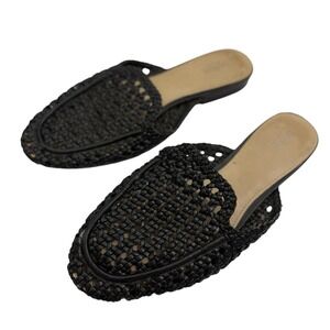 Botkier Black Leather Woven Slip On Mule Flats Slipper Sz 6 Rattan Look Boho
